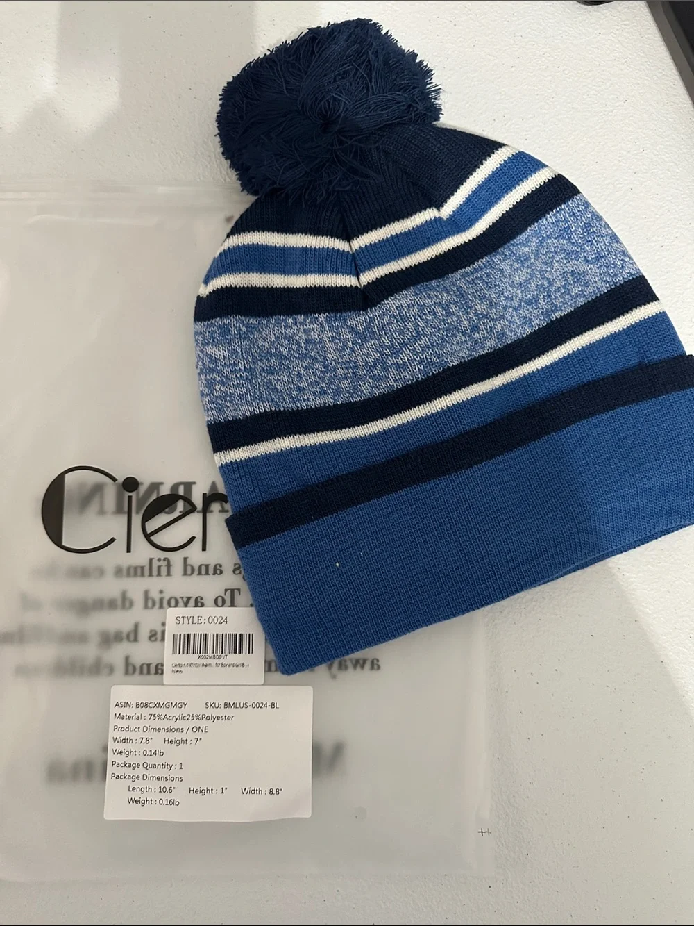Blue Striped Pom Pom Kids Beanie Hat